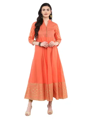 Women Coral Pink Festive Ajrakh Hand Block Printed Cotton Anarkali - Bhor