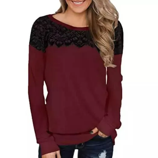 Women Fashion Black Lace Top Long Sleeve Elegant Casual Sweatshirt Blouse