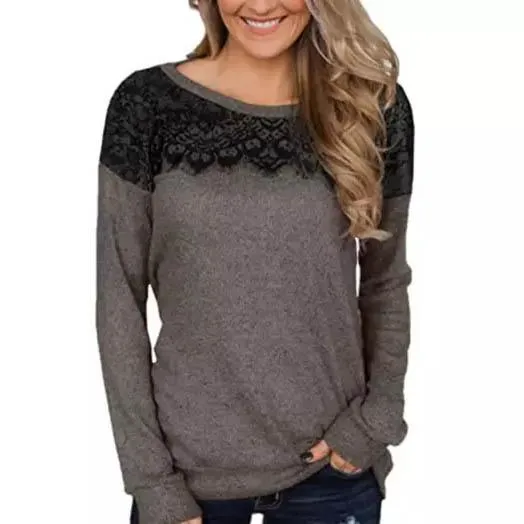 Women Fashion Black Lace Top Long Sleeve Elegant Casual Sweatshirt Blouse
