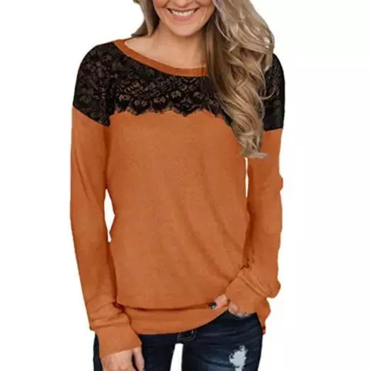 Women Fashion Black Lace Top Long Sleeve Elegant Casual Sweatshirt Blouse