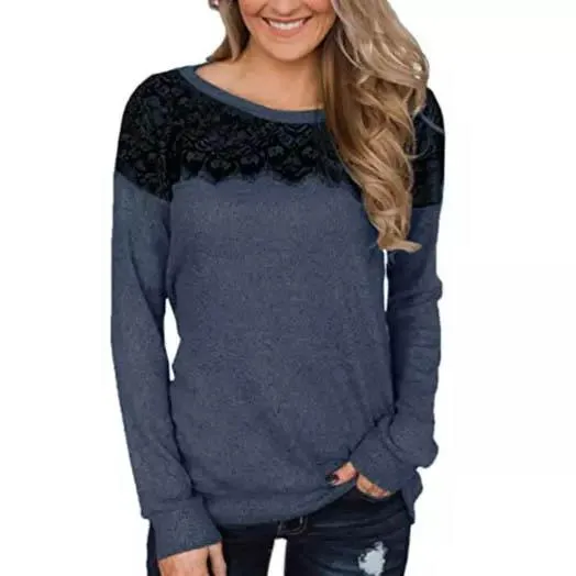 Women Fashion Black Lace Top Long Sleeve Elegant Casual Sweatshirt Blouse