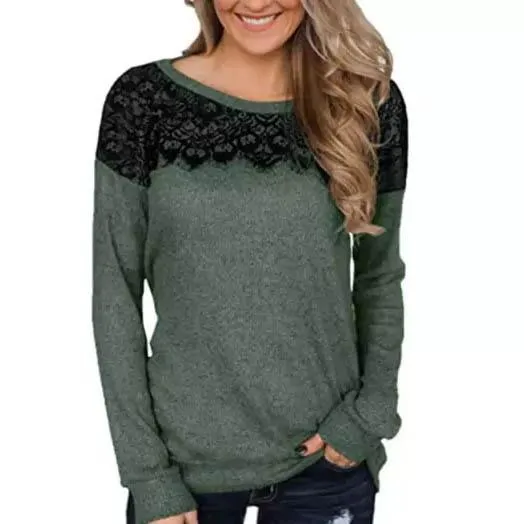 Women Fashion Black Lace Top Long Sleeve Elegant Casual Sweatshirt Blouse