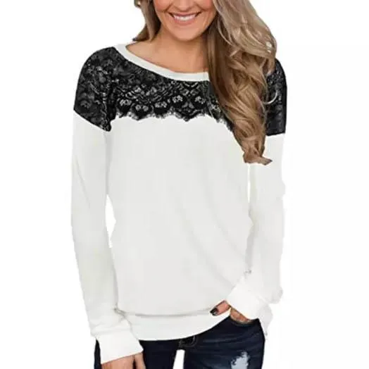 Women Fashion Black Lace Top Long Sleeve Elegant Casual Sweatshirt Blouse