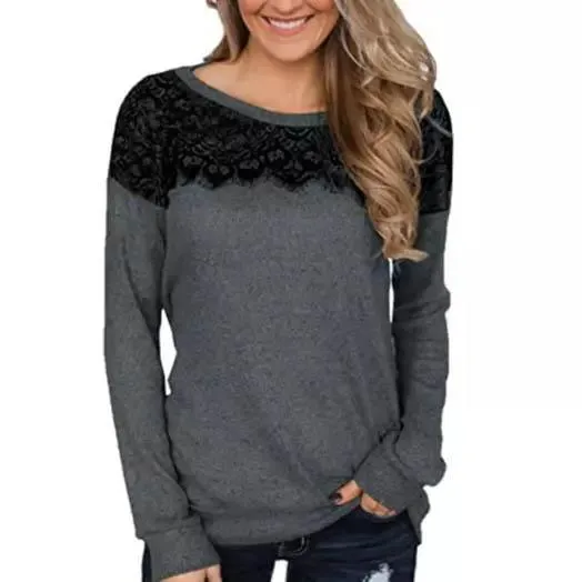 Women Fashion Black Lace Top Long Sleeve Elegant Casual Sweatshirt Blouse