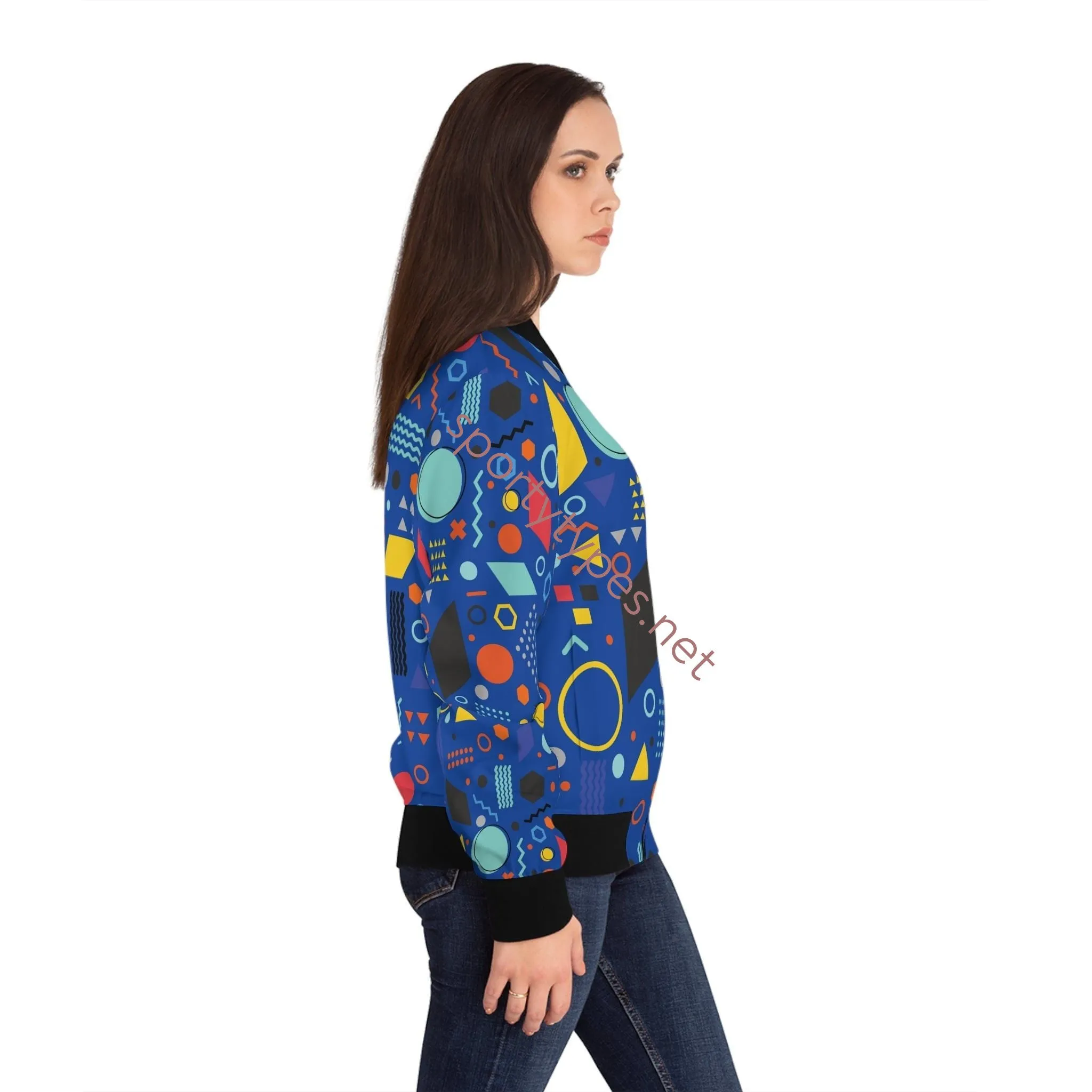 Women's Blue Geometric Bomber Jacket