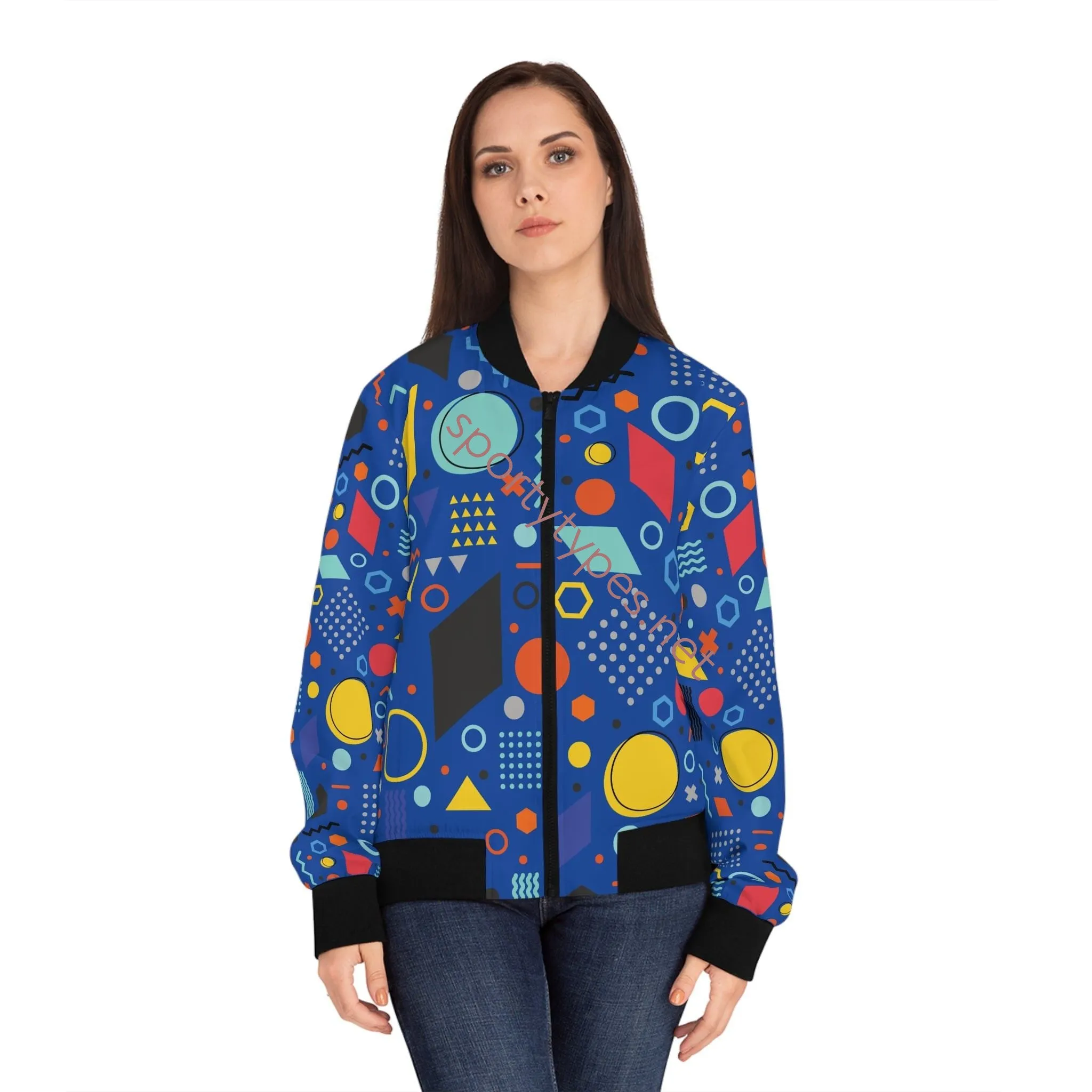Women's Blue Geometric Bomber Jacket