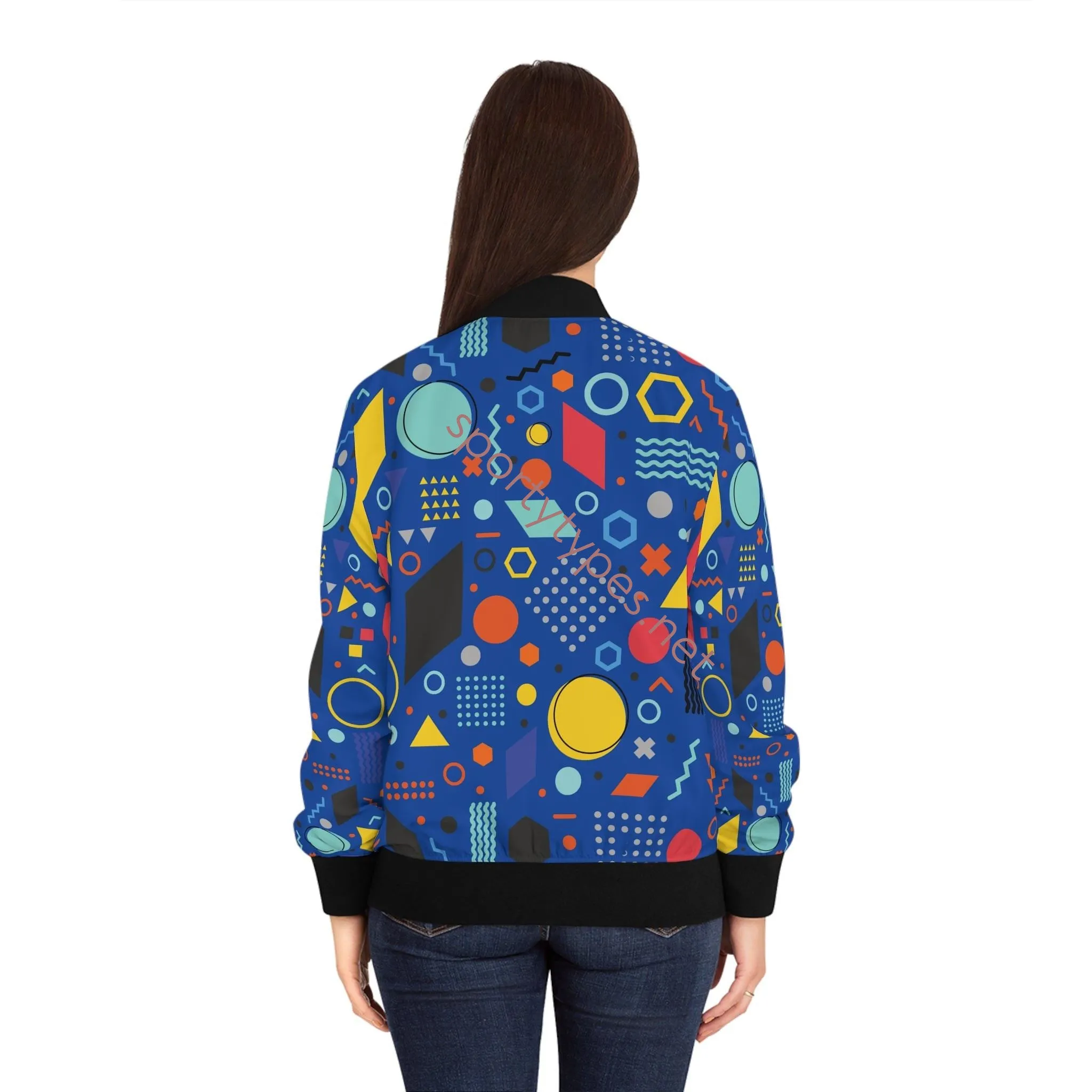 Women's Blue Geometric Bomber Jacket
